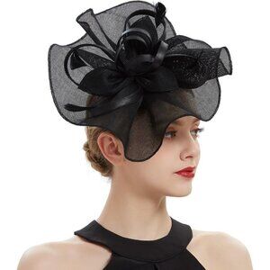 ✨ Poememgi Feather Headwear Women Black Fascinator Top Flower Church Cocktail